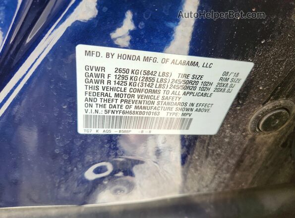 5FNYF6H68KB010163 2019 HONDA PILOT Blue Vista interior de 360 grados