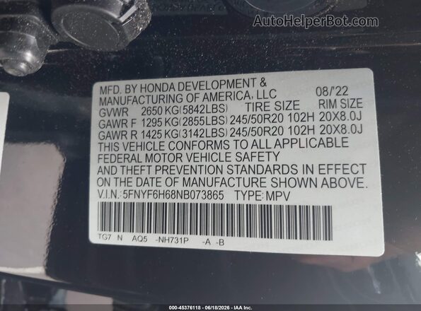 5FNYF6H68NB073865 2022 HONDA PILOT Черный Вид подкапотного пространства