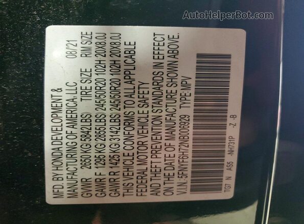 5FNYF6H72NB006929 2022 HONDA PILOT Black 