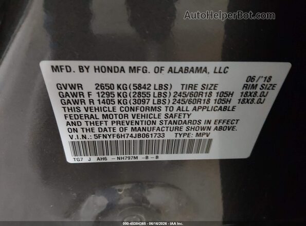 5FNYF6H74JB061733 2018 HONDA PILOT Gray Շարժիչի բաժամունքի տեսք