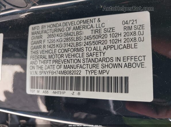 5FNYF6H74MB082022 2021 HONDA PILOT Black Շարժիչի բաժամունքի տեսք
