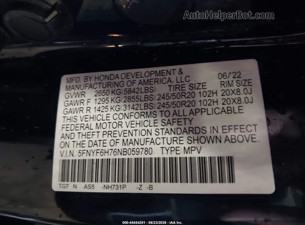 5FNYF6H76NB059780 2022 HONDA PILOT Черный Вид подкапотного пространства