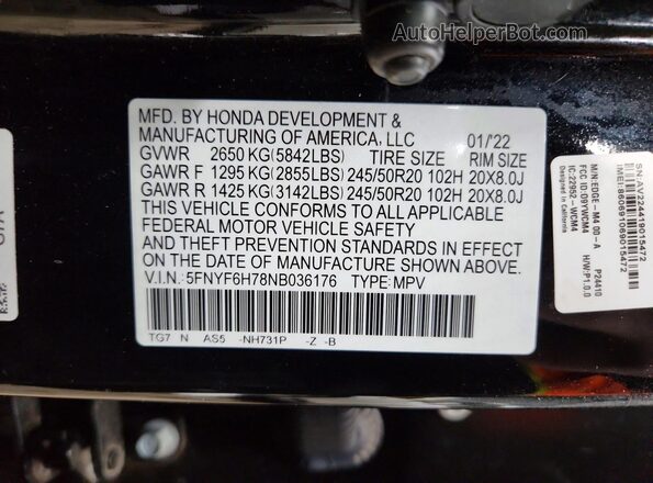 5FNYF6H78NB036176 2022 HONDA PILOT Black Вид наклейки з VIN-кодом