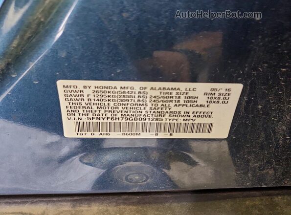 5FNYF6H79GB091285 2016 HONDA PILOT Blue 