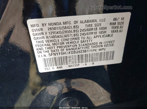5FNYF6H7XGB092381 2016 HONDA PILOT Черный Вид подкапотного пространства