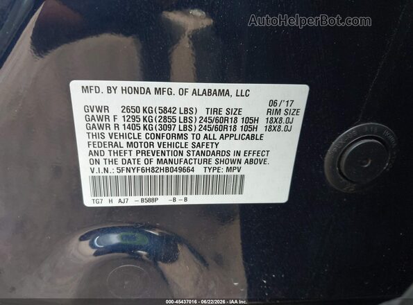 5FNYF6H82HB049664 2017 HONDA PILOT Blue Widok komory silnika