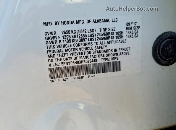 5FNYF6H83HB079448 2017 HONDA PILOT White Вид підкапотного простору