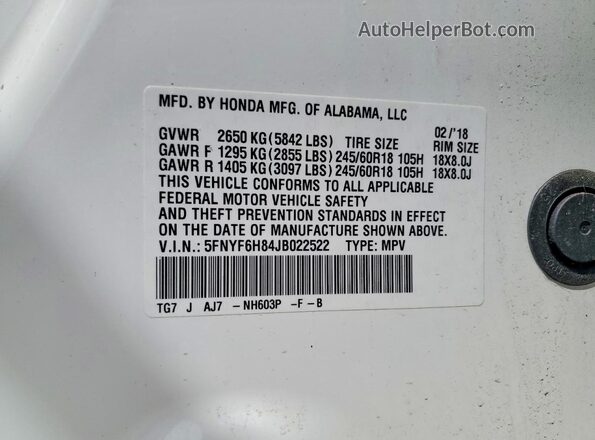5FNYF6H84JB022522 2018 HONDA PILOT White Вид наклейки з VIN-кодом