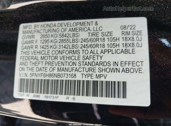 5FNYF6H86NB073168 2022 HONDA PILOT Black Vista del compartimento del motor