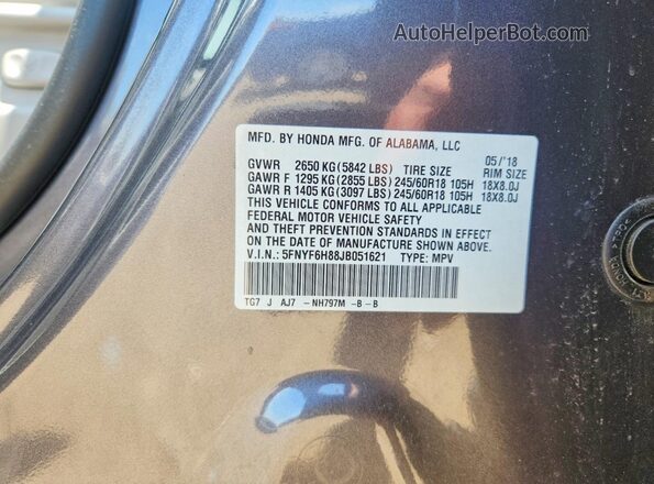 5FNYF6H88JB051621 2018 HONDA PILOT Gray Vista de la etiqueta del VIN