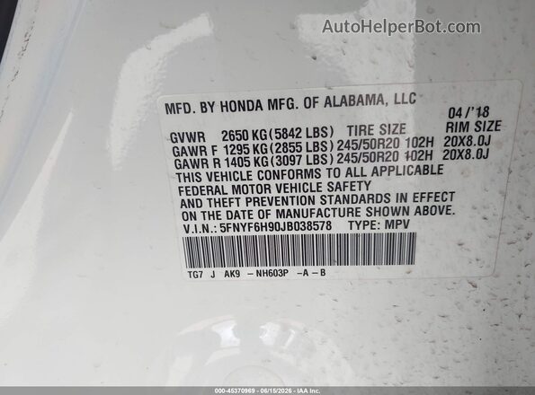5FNYF6H90JB038578 2018 HONDA PILOT White Widok komory silnika