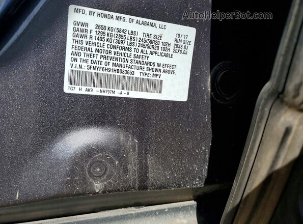 5FNYF6H91HB083653 2017 HONDA PILOT Charcoal Շարժիչի բաժամունքի տեսք