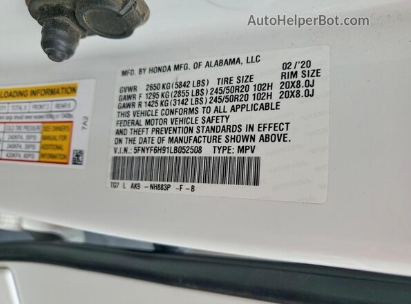 5FNYF6H91LB052508 2020 HONDA PILOT White VIN sticker view
