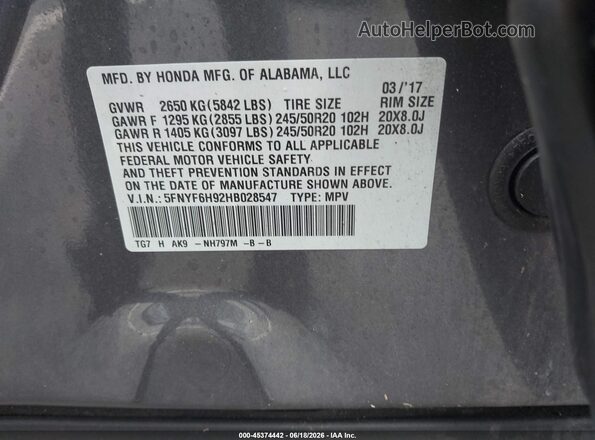 5FNYF6H92HB028547 2017 HONDA PILOT Gray Շարժիչի բաժամունքի տեսք