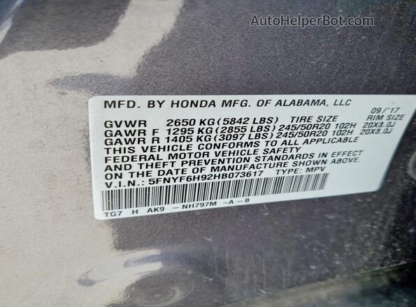 5FNYF6H92HB073617 2017 HONDA PILOT Gray VIN კოდის სტიკერის ხედი