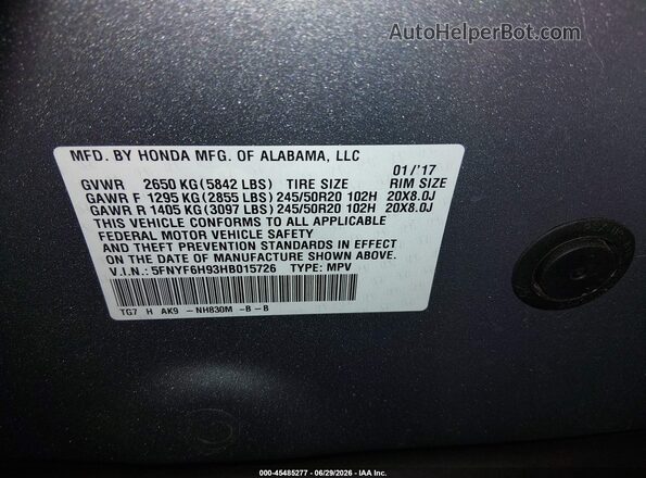 5FNYF6H93HB015726 2017 HONDA PILOT Серебряный Вид подкапотного пространства
