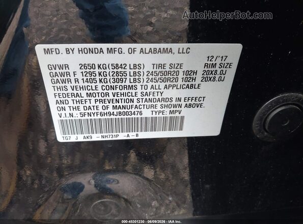 5FNYF6H94JB003476 2018 HONDA PILOT Black Вид підкапотного простору