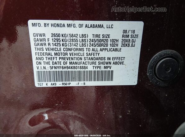 5FNYF6H94KB018884 2019 HONDA PILOT Burgundy Vista del compartimento del motor