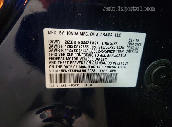 5FNYF6H94LB012083 2020 HONDA PILOT Синий Вид наклейки с VIN-кодом