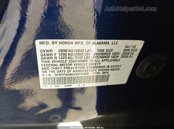 5FNYF6H95KB074395 2019 HONDA PILOT Blue Engine compartment view