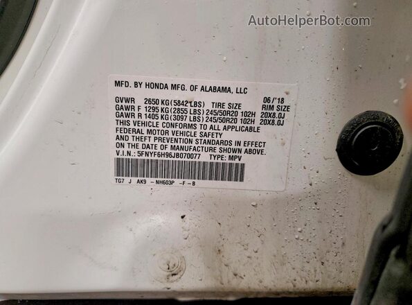5FNYF6H96JB070077 2018 HONDA PILOT White 