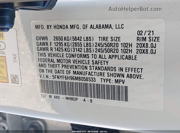 5FNYF6H96MB058533 2021 HONDA PILOT White Engine compartment view