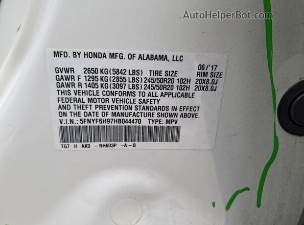 5FNYF6H97HB044470 2017 HONDA PILOT White Вид наклейки з VIN-кодом