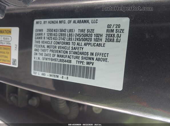 5FNYF6H97LB054408 2020 HONDA PILOT Gray Շարժիչի բաժամունքի տեսք