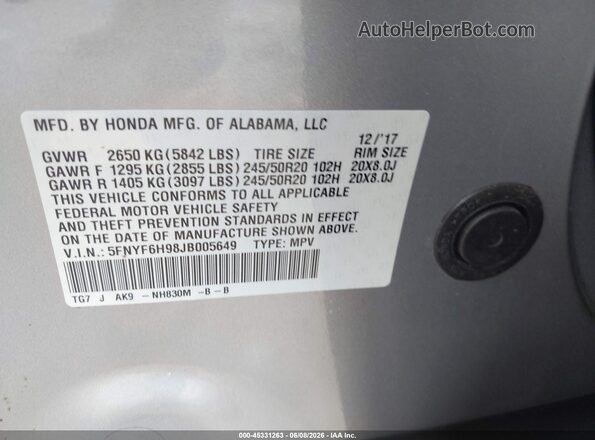 5FNYF6H98JB005649 2018 HONDA PILOT Серебряный Вид подкапотного пространства