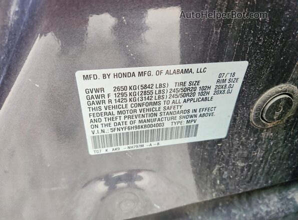 5FNYF6H98KB004003 2019 HONDA PILOT Gray სალონის 360-გრადუსიანი ხედი