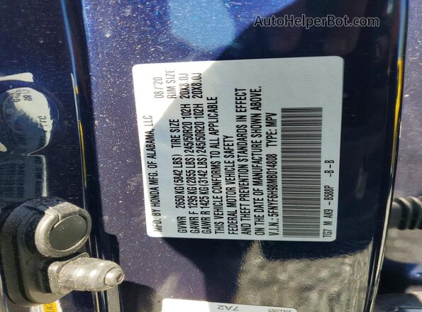 5FNYF6H98MB014808 2021 HONDA PILOT Blue VIN კოდის სტიკერის ხედი