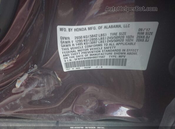 5FNYF6H99HB077597 2017 HONDA PILOT Burgundy Vista del compartimento del motor