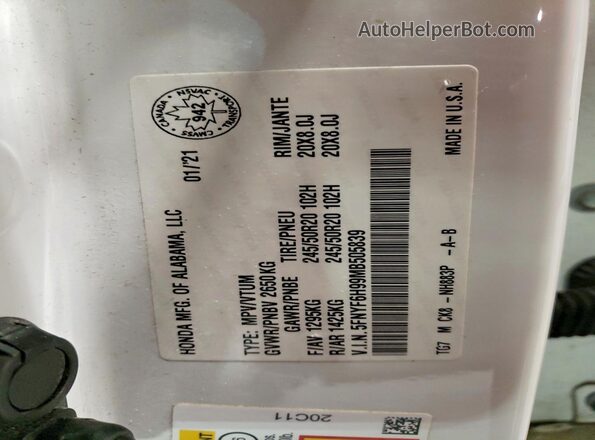 5FNYF6H99MB505839 2021 HONDA PILOT White სალონის 360-გრადუსიანი ხედი