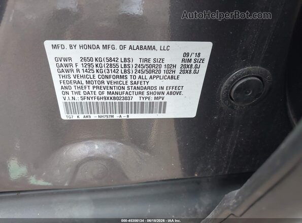 5FNYF6H9XKB023037 2019 HONDA PILOT Gray ძრავის განყოფილების ხედი