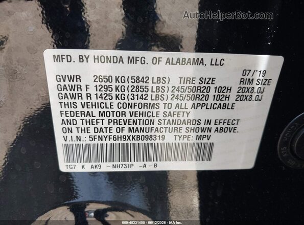5FNYF6H9XKB098319 2019 HONDA PILOT Black Vista del compartimento del motor