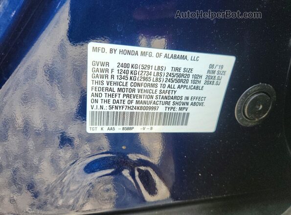 5FNYF7H24KB009997 2019 HONDA PASSPORT Blue VIN կոդի պիտակի տեսք