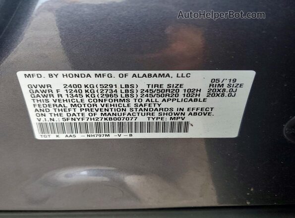 5FNYF7H27KB007077 2019 HONDA PASSPORT Gray VIN sticker view
