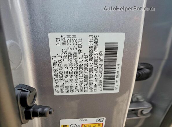 5FNYF7H2XMB007948 2021 HONDA PASSPORT Silver Widok naklejki z numerem VIN