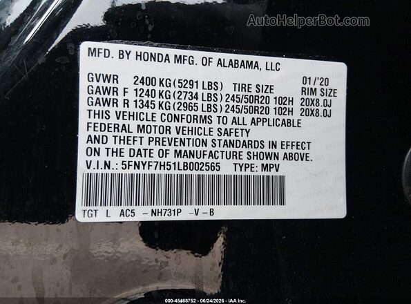 5FNYF7H51LB002565 2020 HONDA PASSPORT Black ძრავის განყოფილების ხედი