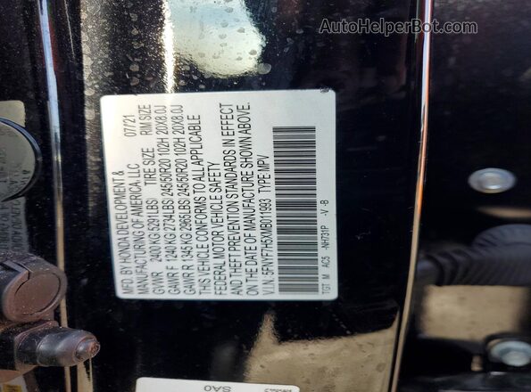 5FNYF7H5XMB011993 2021 HONDA PASSPORT Black Вид наклейки з VIN-кодом