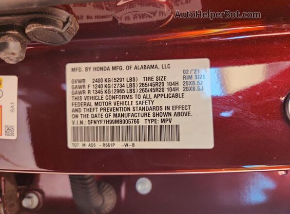5FNYF7H99MB005766 2021 HONDA PASSPORT Burgundy 
