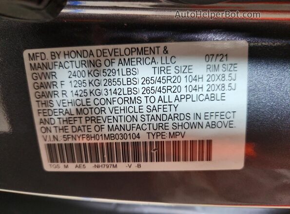 5FNYF8H01MB030104 2021 HONDA PASSPORT Gray Սալոնի 360 աստիճան տեսք