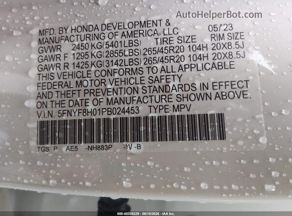5FNYF8H01PB024453 2023 HONDA PASSPORT White Engine compartment view