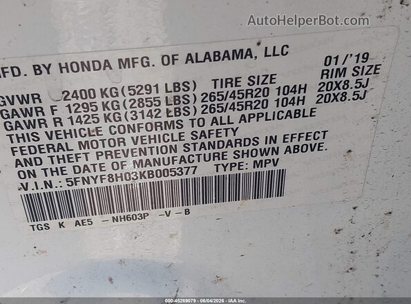 5FNYF8H03KB005377 2019 HONDA PASSPORT White ძრავის განყოფილების ხედი