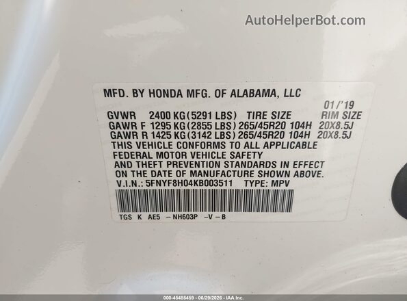 5FNYF8H04KB003511 2019 HONDA PASSPORT White Widok komory silnika