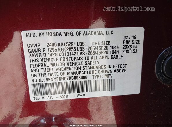 5FNYF8H07KB008086 2019 HONDA PASSPORT Champagne Engine compartment view