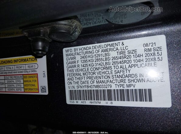 5FNYF8H07MB033279 2021 HONDA PASSPORT Gray Vista del compartimento del motor