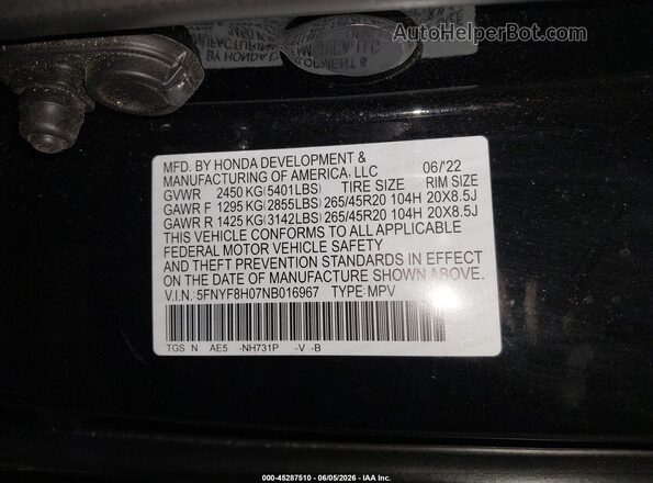 5FNYF8H07NB016967 2022 HONDA PASSPORT Black Widok komory silnika