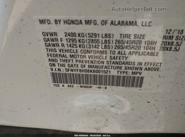 5FNYF8H08KB001521 2019 HONDA PASSPORT White Engine compartment view