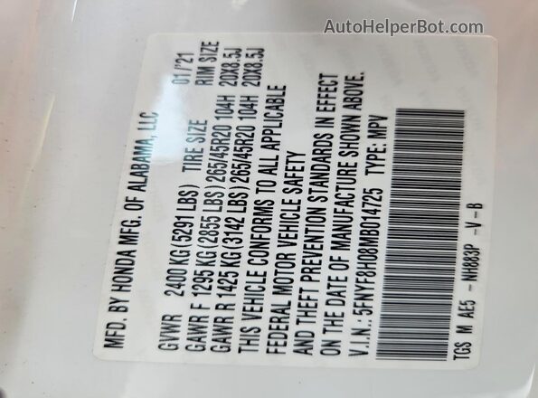 5FNYF8H08MB014725 2021 HONDA PASSPORT White Vista de la etiqueta del VIN